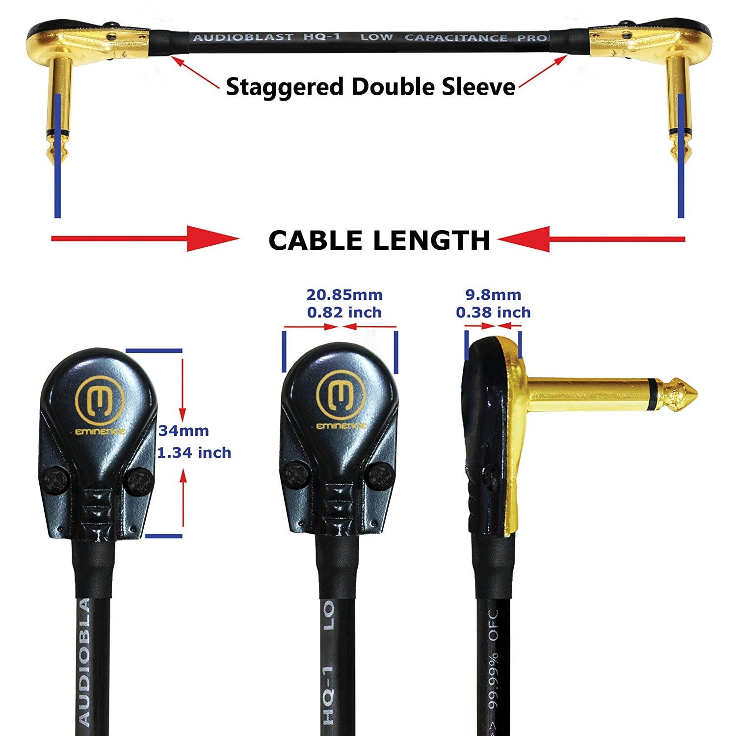 6 Units - 5 Foot - Audioblast - HQ-1 - Ultra Flexible - Dual Shielded (100%) - Instrument Effects Pedal Patch Cable w/Low-Profile, R/A Gold Pancake TS (6.35mm) Plugs & Dual Staggered Boots