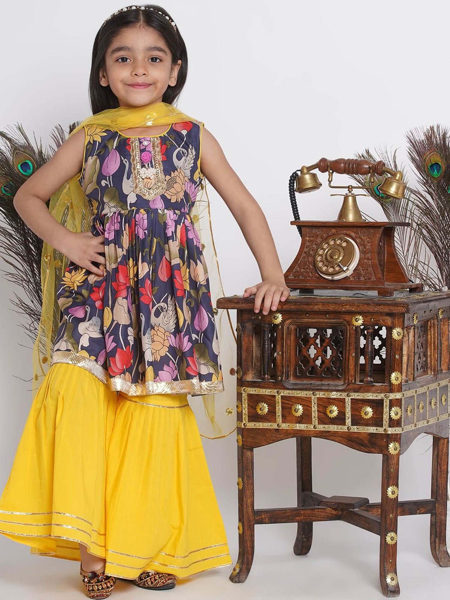 Little Bansi Kids Navy & Yellow Floral Print Kurta, Sharara with Dupatta