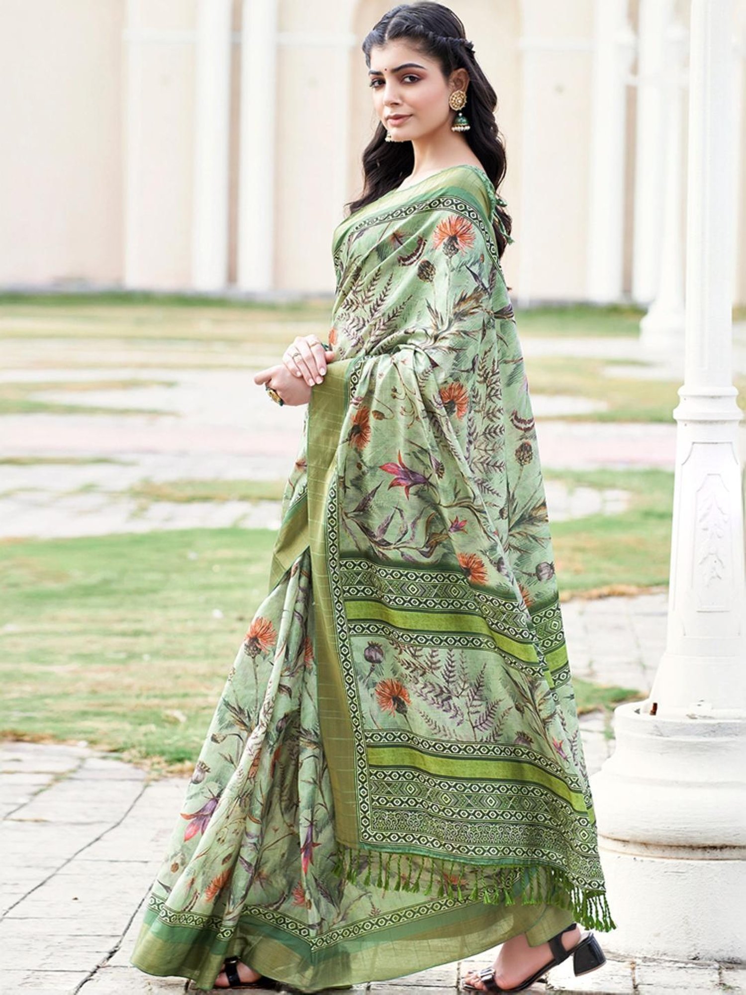 Satrani Green Silk Floral Print Saree With Unstitched Blouse