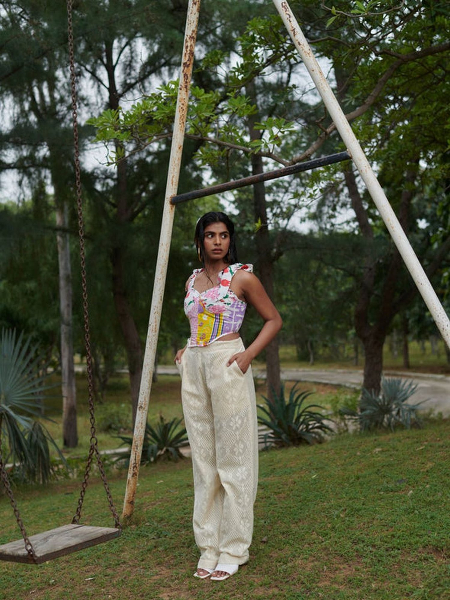 Khajoor Studio Beige Sundaze Farmland Crochet Wide Trousers