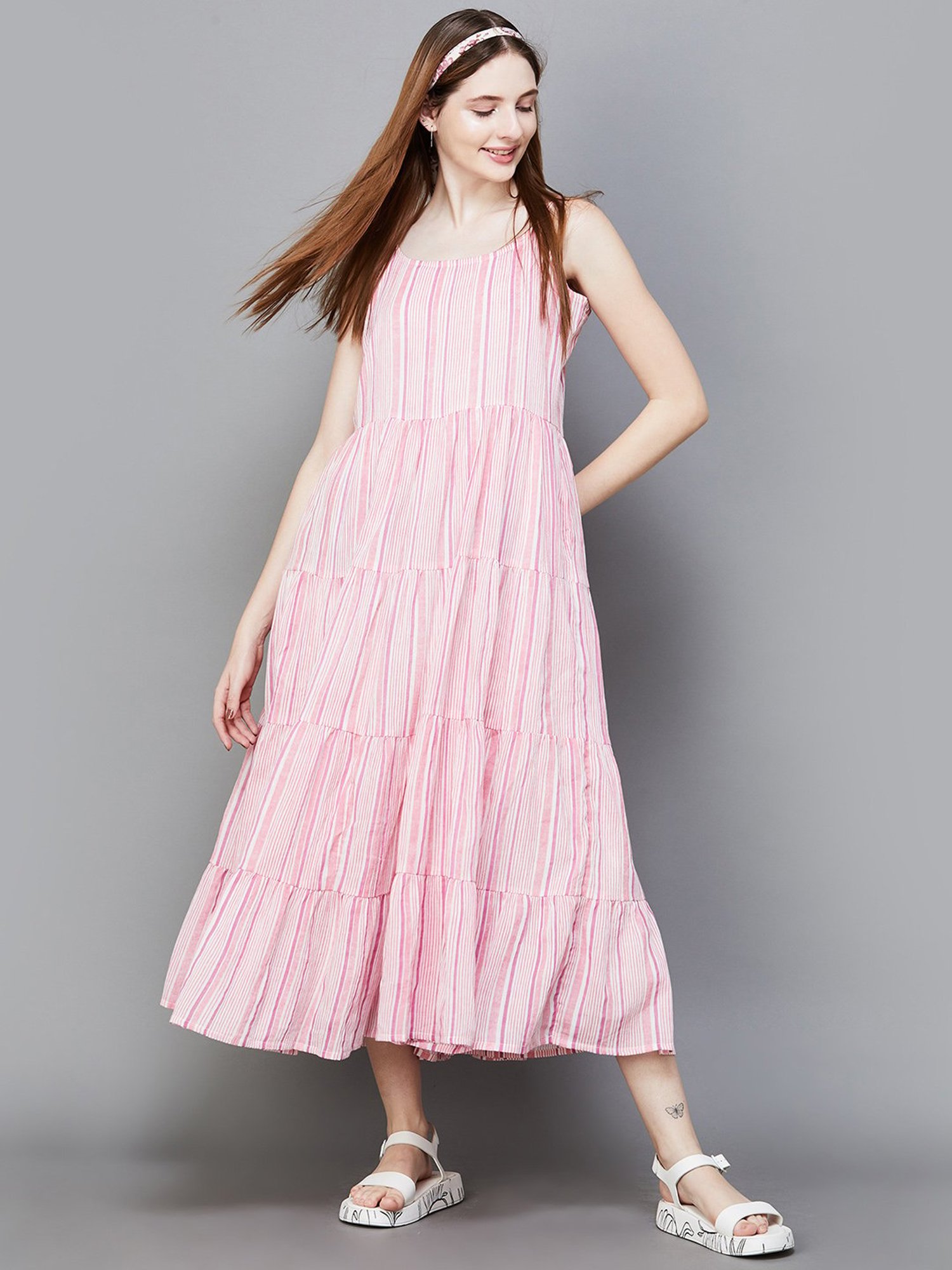 Colour Me by Melange Pink Cotton Striped A-Line Dress