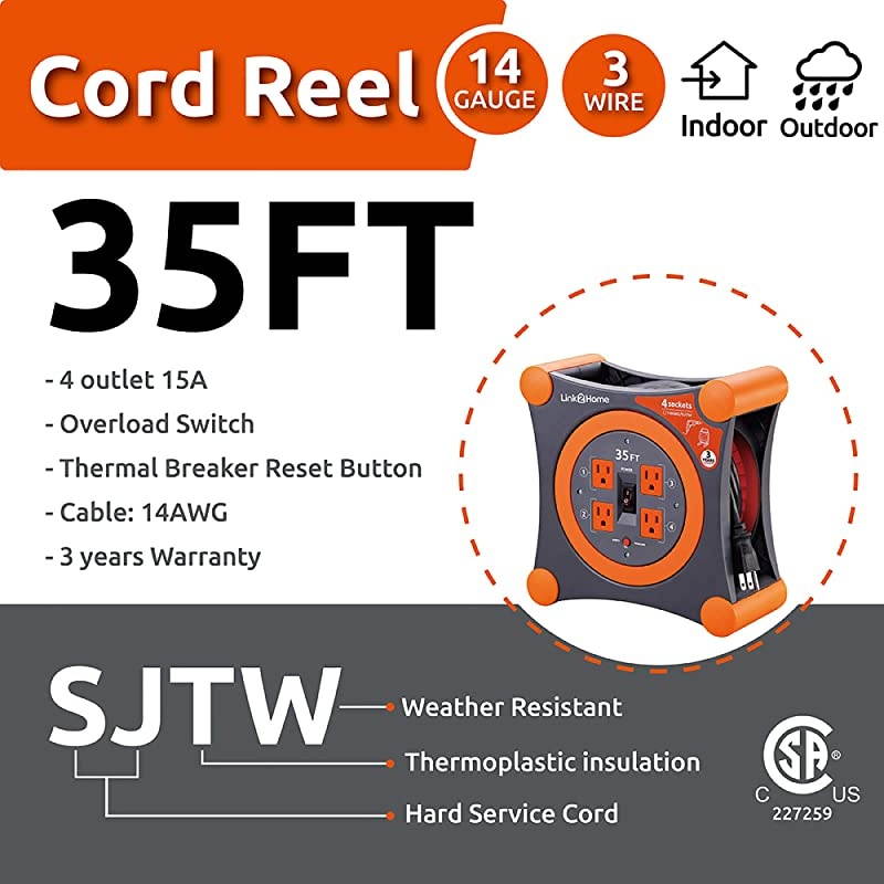 Cord Reel Extension Cord 4 Power Outlets 35 Feet Orange