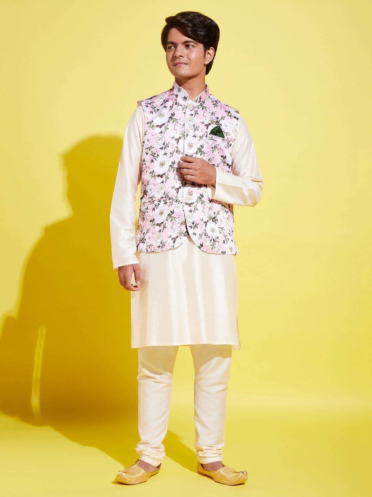 VASTRAMAY Boys Pink & Cream Floral Full Sleeves Kurta Sets