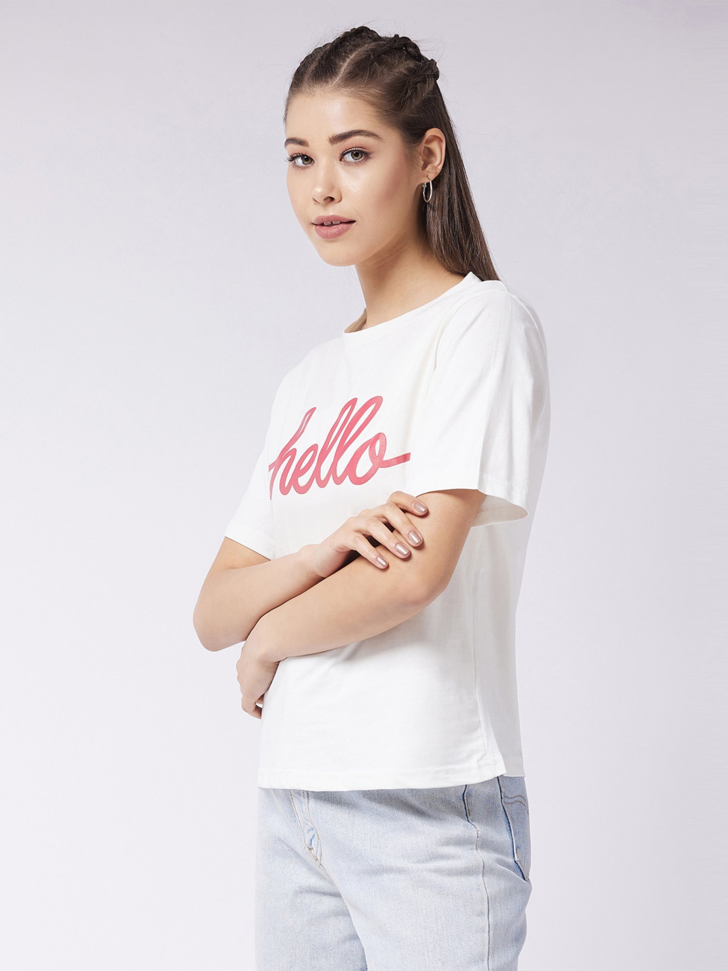 Miss Chase White Cotton Printed T-shirt