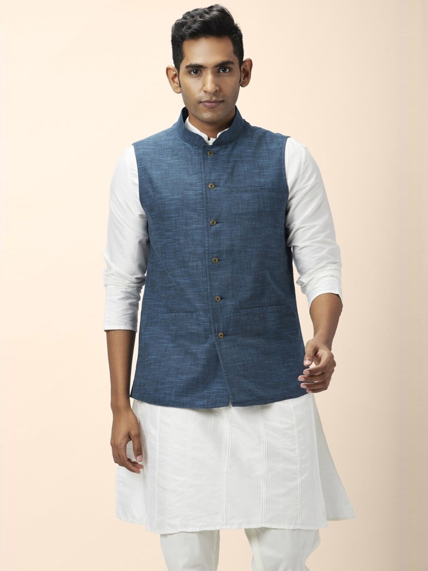 Indus Route By Pantaloons Navy Cotton Regular Fit Nehru Jacket