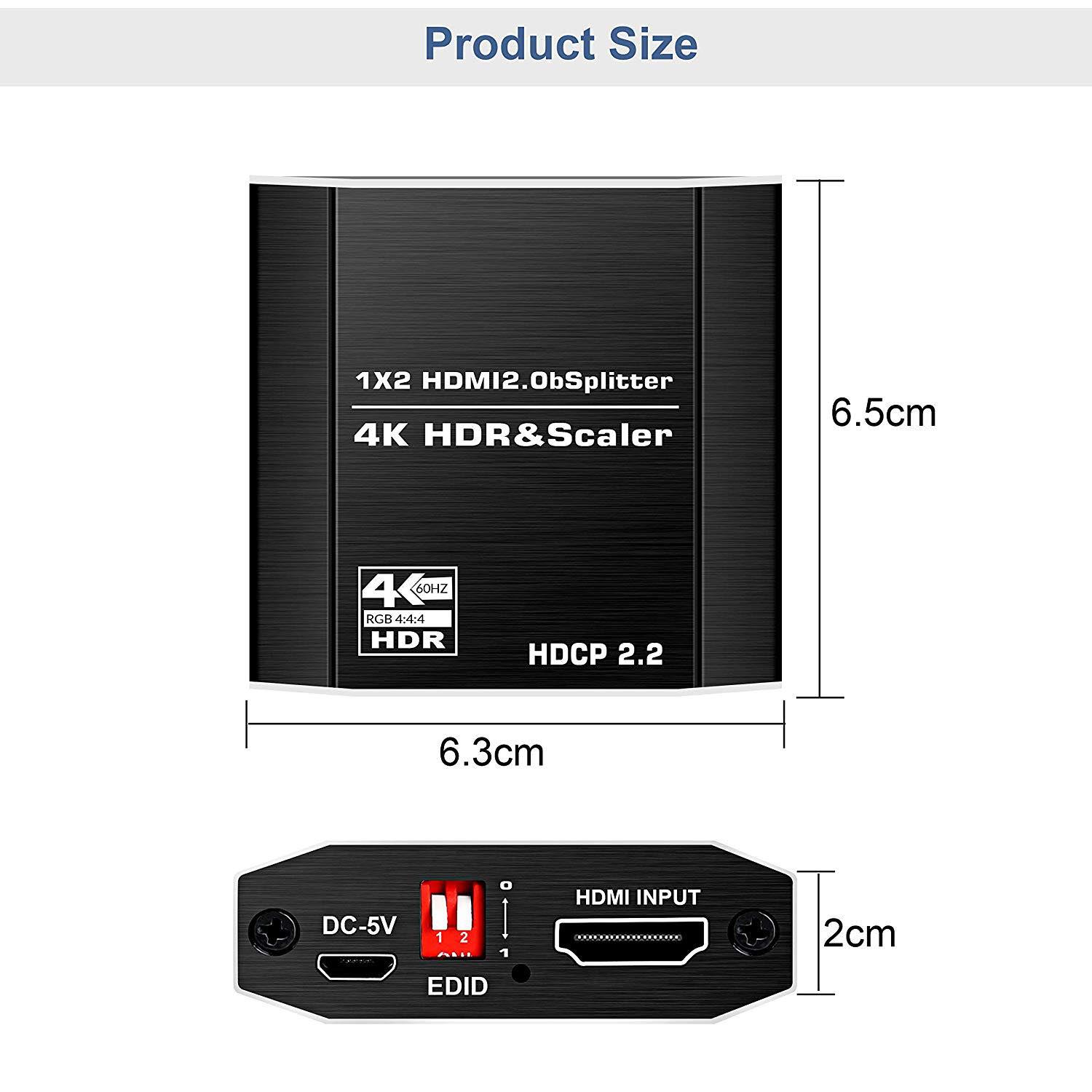 Easyday HDMI Splitter 1 in 2 Out, 1x2 HDMI 2.0b HDCP 2.2 Splitter, 4k@60Hz HDR,4:4:4,DTS-HD/Doby-True HD, Scaler EDID, for Xbox PS4 PS3 Fire Stick Roku Blu-Ray Player Apple TV HDTV