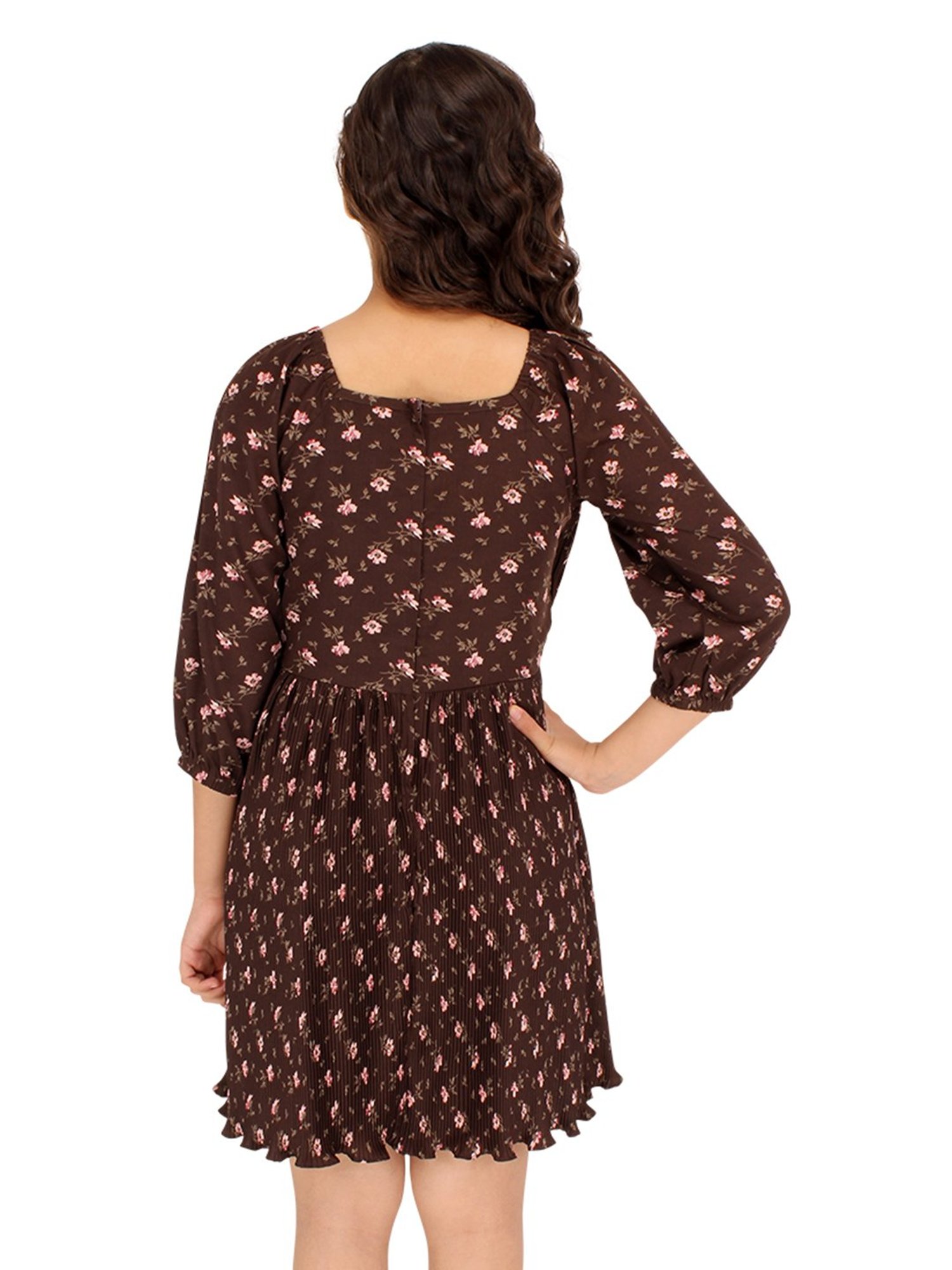 Cutecumber Kids Dark Brown Floral Print Pleated Dress