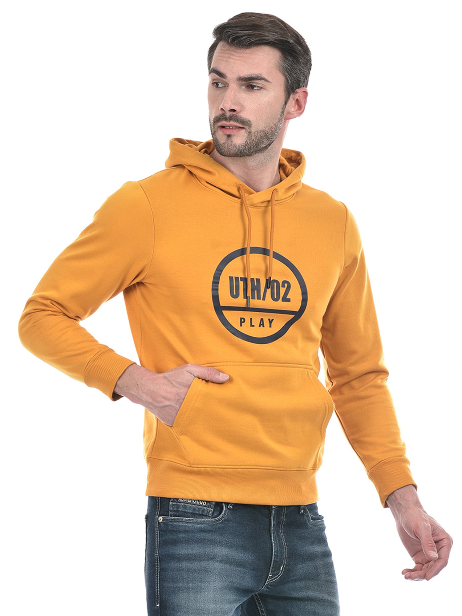 Integriti Mustard Regular Fit Printed Hooded Sweatshirt