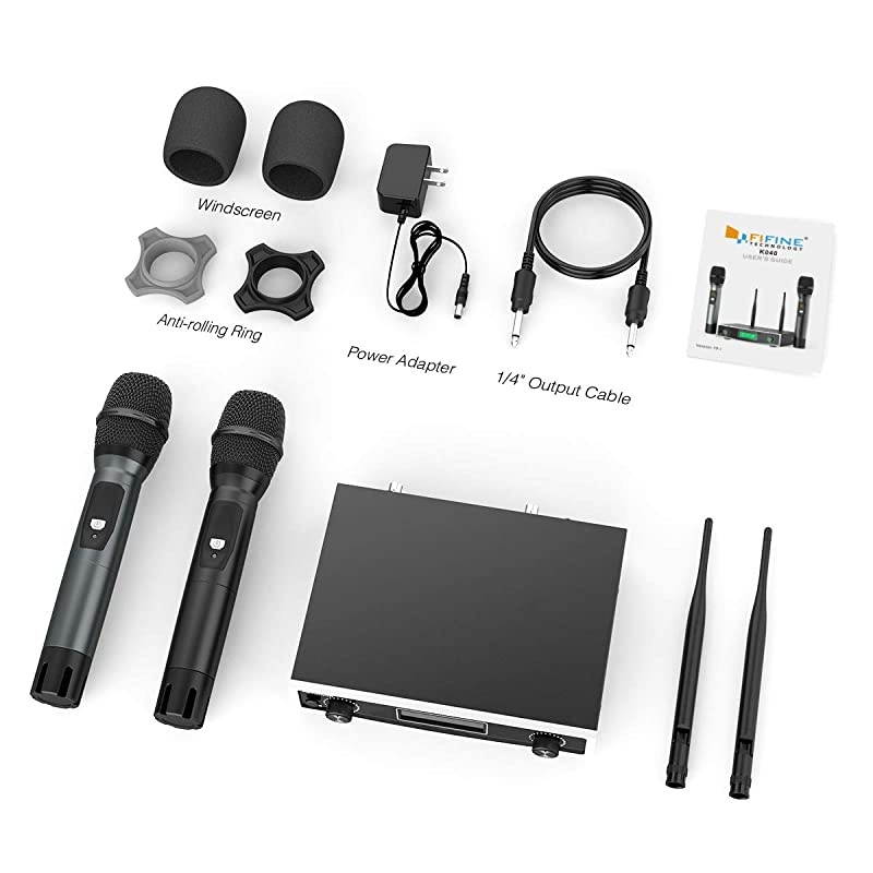Microphone SystemFifine Two Handheld Dynamic Cordless Mic and Dual Channel Receiver 50 Selectable UHF Frequency for Karaoke Singing PartyChurchDJWeddingSchool PresentationK040
