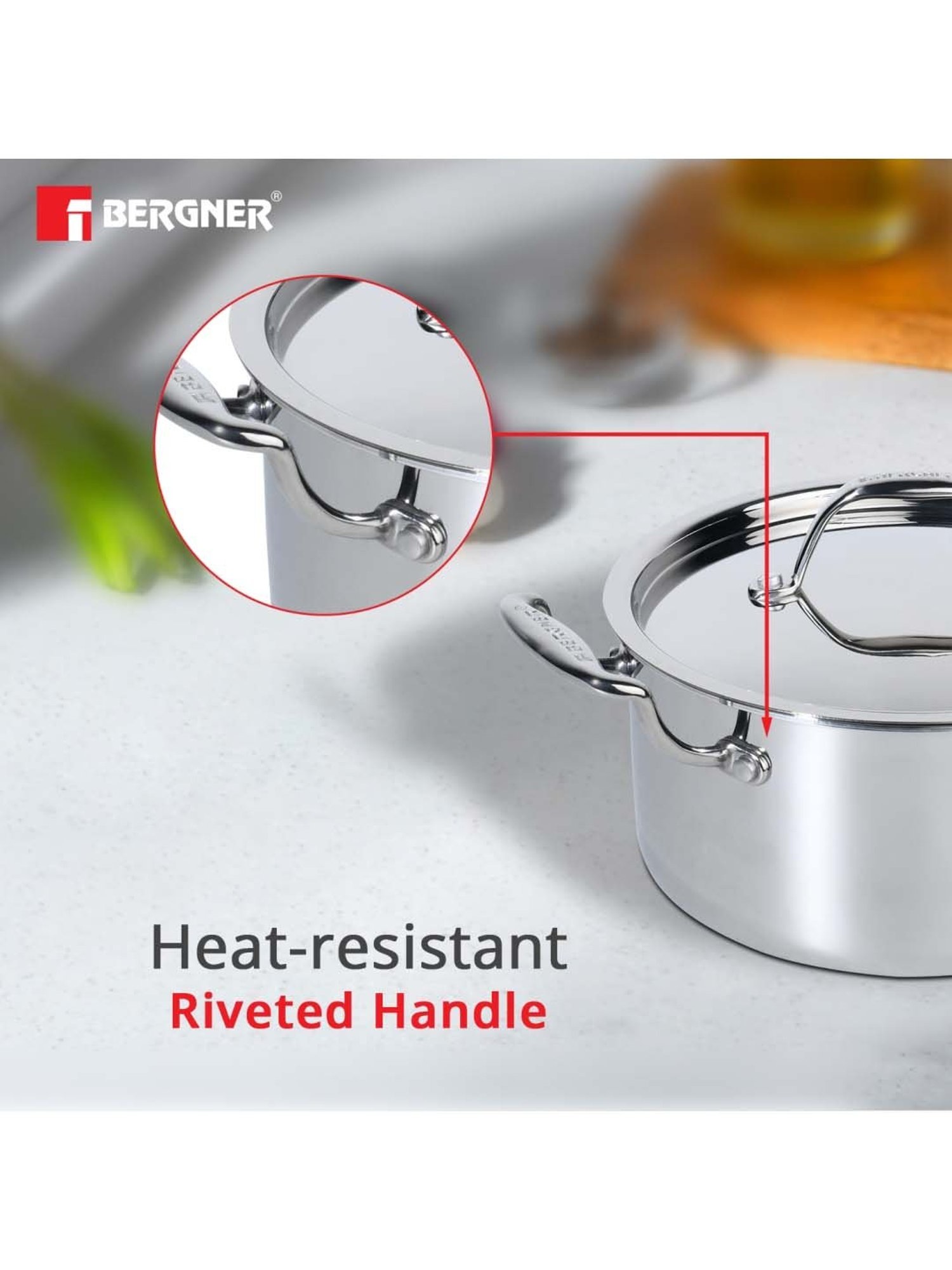 Bergner Triply Silver Stainless Steel Induction Base Casserole 20 cm diameter with Lid - Set of 1