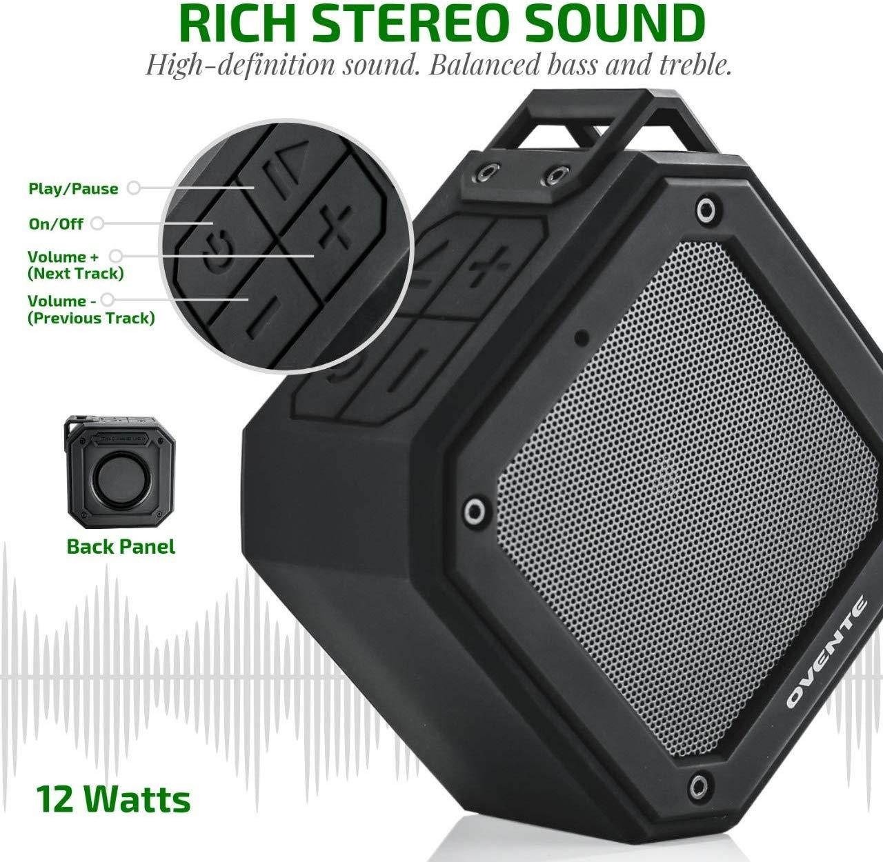Ovente Wireless Waterproof Portable Mini Stereo Speaker Indoor Home or Outdoor Travel, TWS Pairing for Android, iPhone, Desktop and Laptops, Black (ZA1200B)