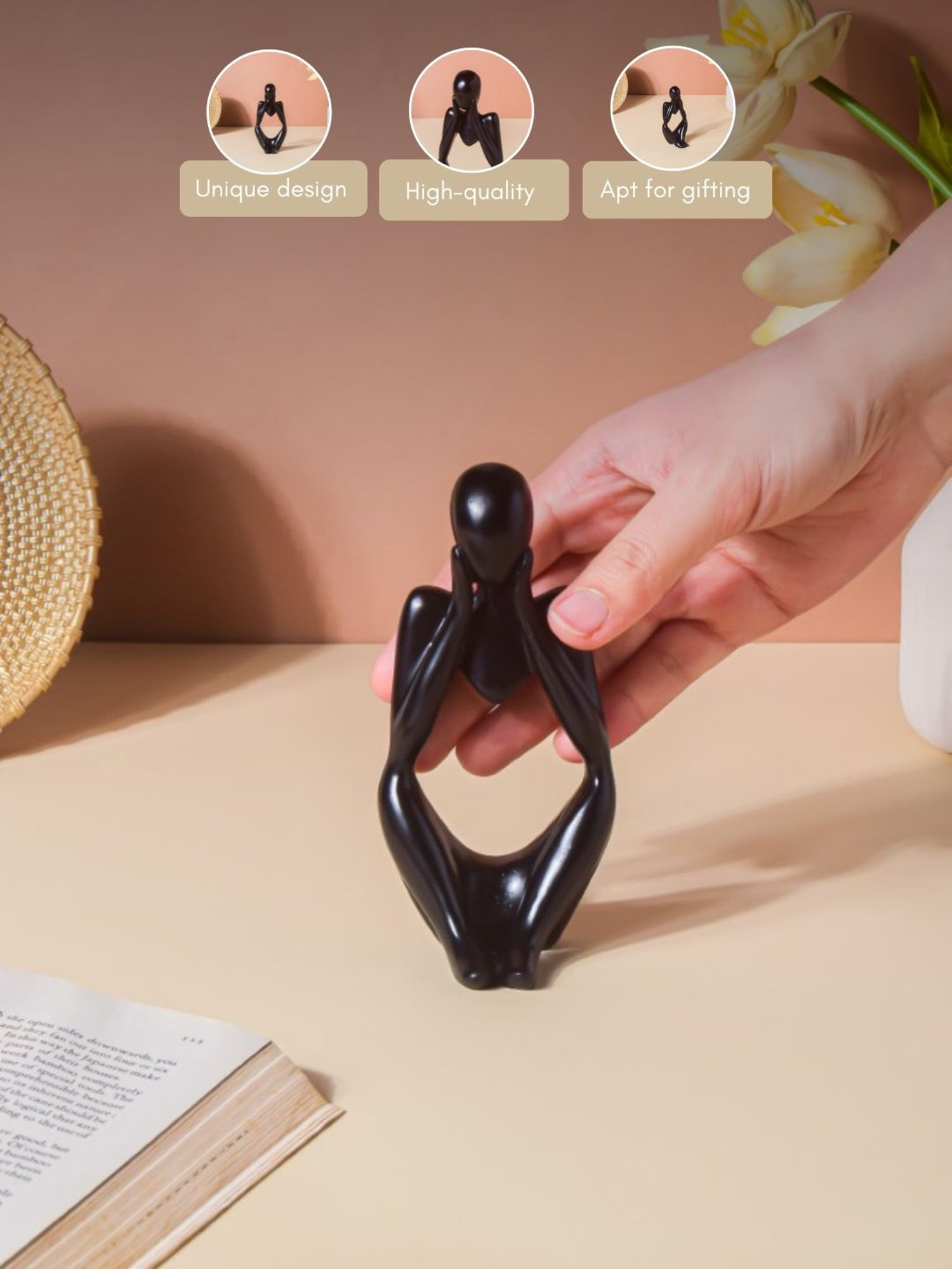 Nestasia Black Resin Smooth Finish both hand Thinking Human Sculptures for Decoration (5.1 Inch)