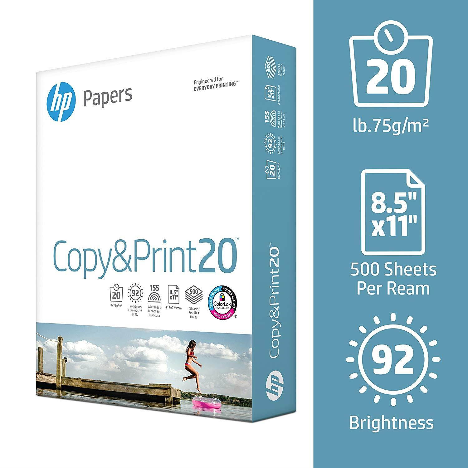 HP Printer Paper, Copy and Print20, 8.5 x 11, Letter, 20lb, 92 Bright, 2,500 Sheets / 5 Ream Carton (200350C) Made In The USA