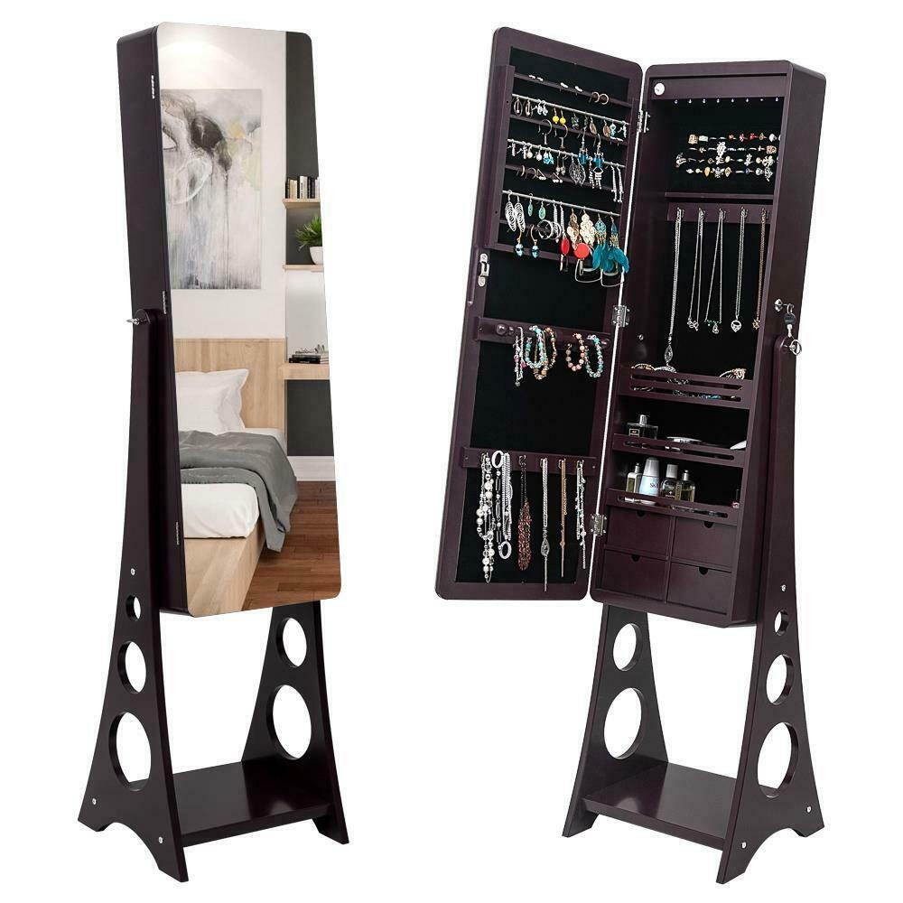 Mirrored Lockable Jewelry Cabinet Armoire Organizer Storage Box w/ Stand