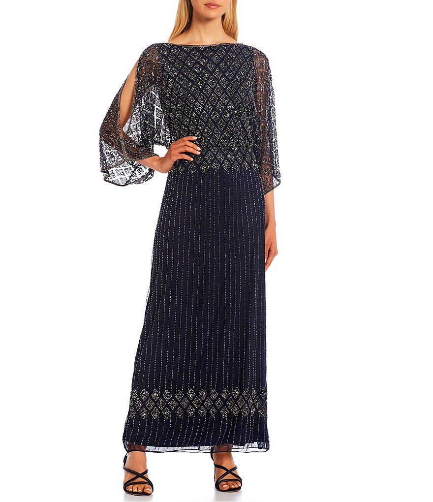 Pisarro Nights Diamond Bead Pattern Boat Neck 3/4 Sleeve Blouson Gown