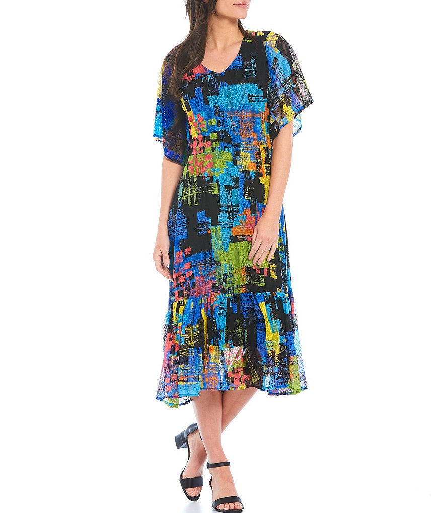 Calessa Abstract Multi Color Mesh Midi Dress