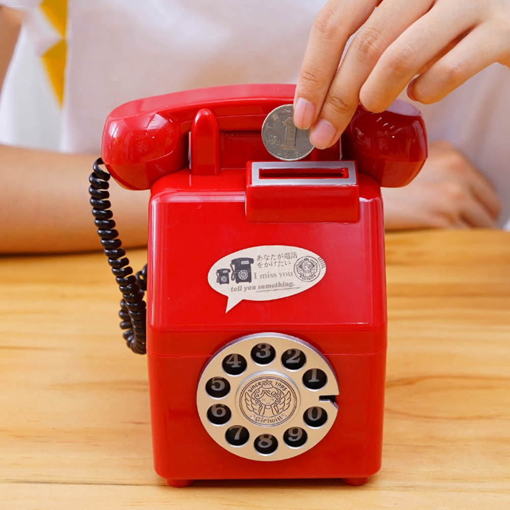 Cute Retro Phone Piggy Bank Vintage Cartoon Money Box Creative Children's Gift Home Beauty Decoration Safe Box(Red)