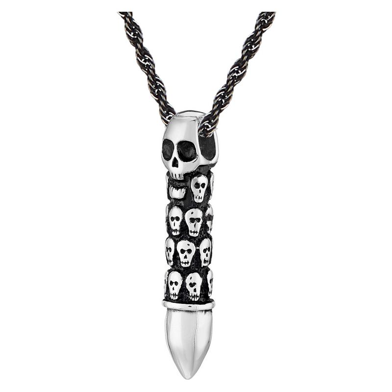 Men's Crucible Stainless Steel Skull Capsule Bullet Pendant Necklace - Silver/Black (24")