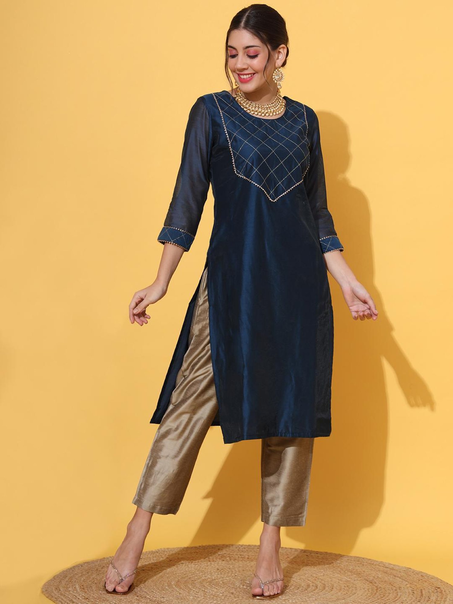 DECKEDUP Navy Embroidered Kurta With Pants