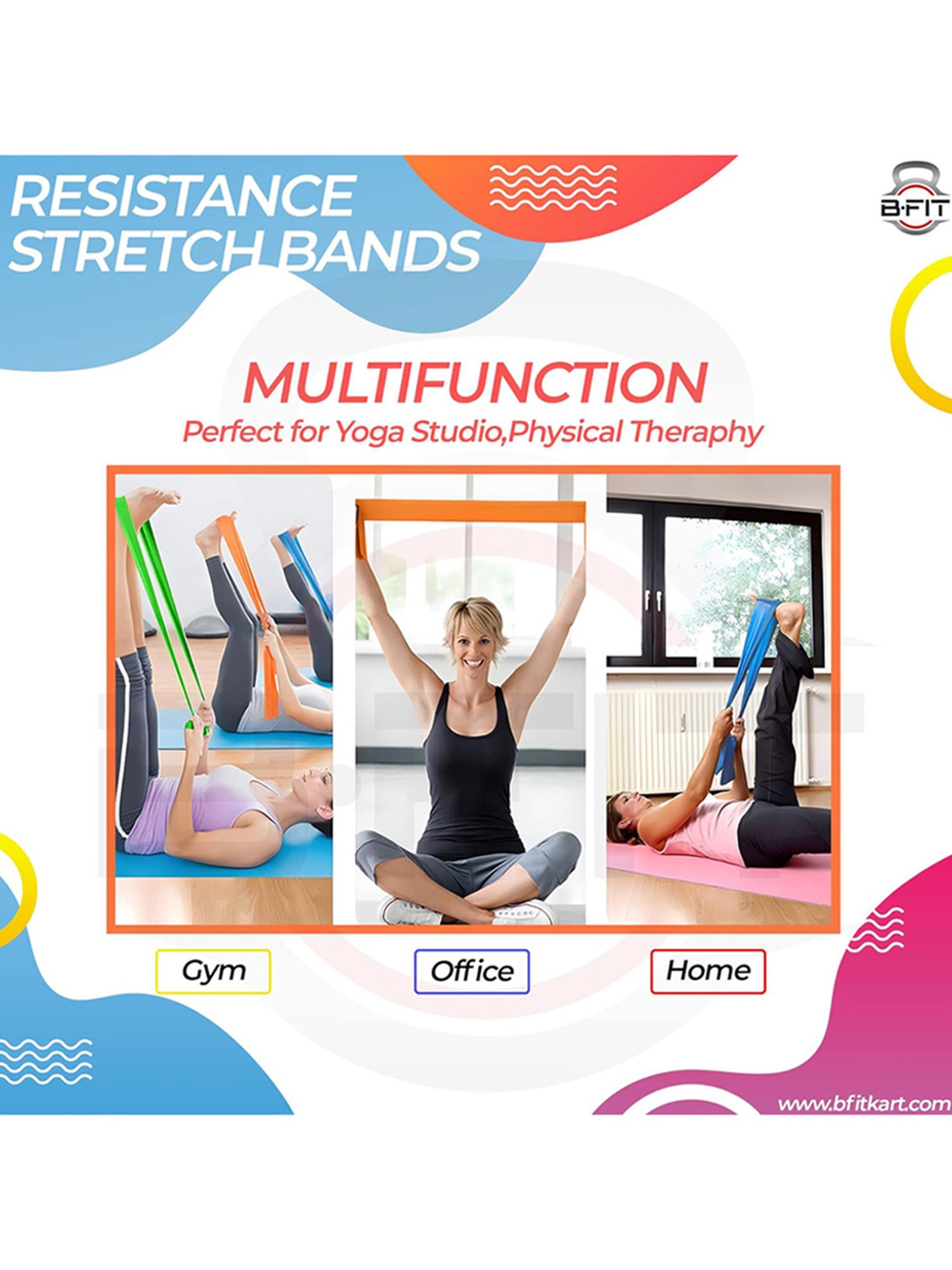 B Fit Exercise Rubber Stretch Resistance Bands Set of 3 (Multicolor)