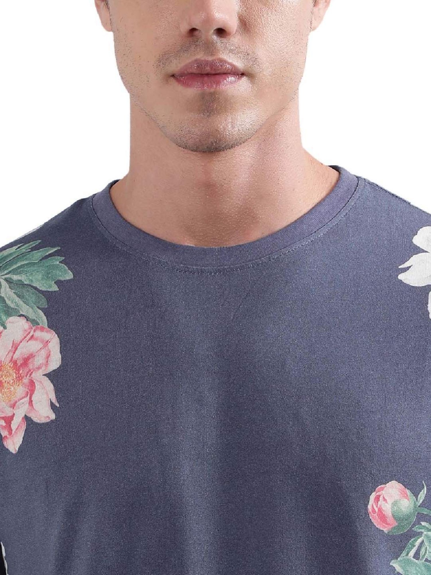 Lindbergh Blue Cotton Regular Fit Printed T-Shirt
