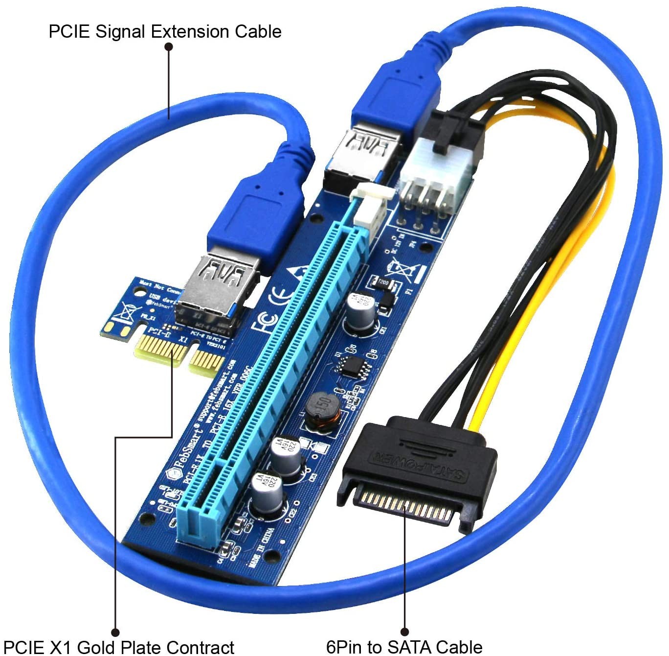 6pcs PCI-E Riser for Bitcoin-Litecoin-ETH Coin PCIe 6 PIN 16x to 1x Powered Riser Adapter Card 6-Pin PCI-E to SATA Power Cable-GPU Riser Adapter-Ethereum Mining ETH