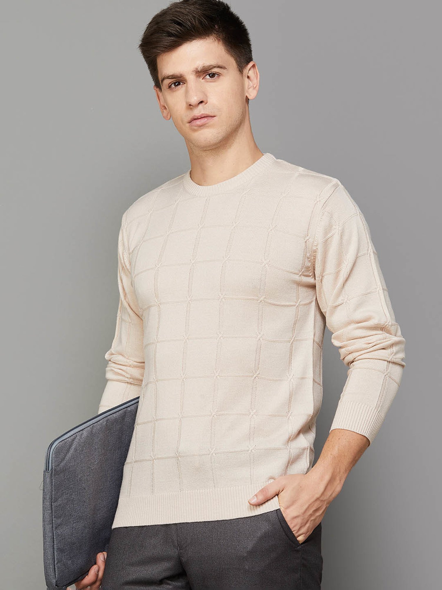 Code by Lifestyle Sand Regular Fit Checks Sweater