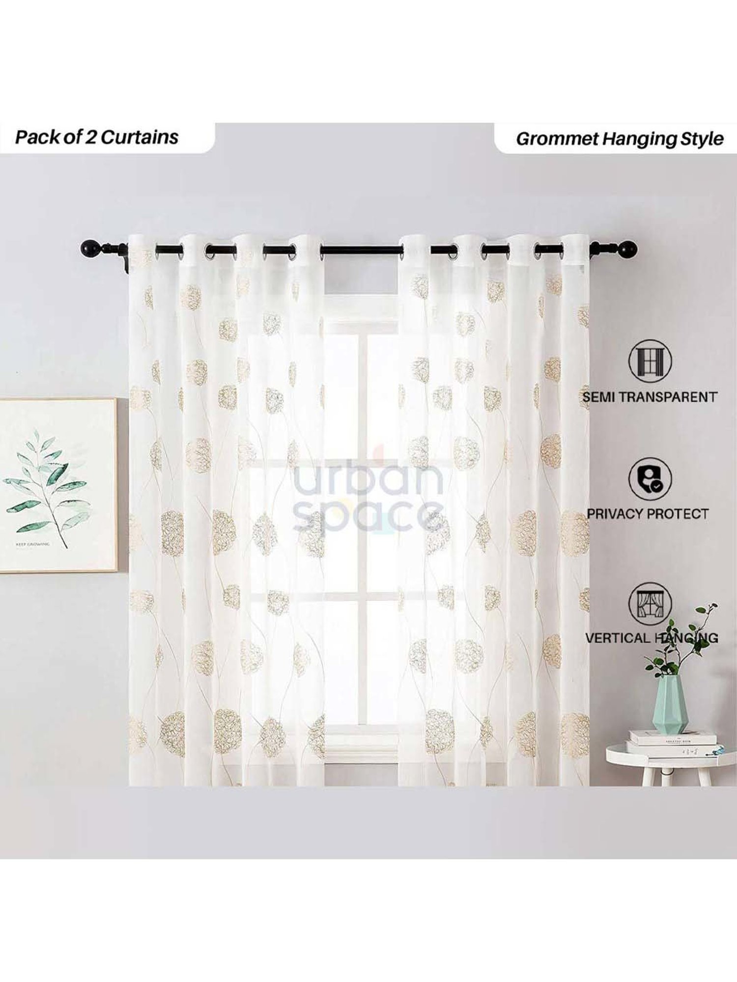 Urban Space Taupe Polyester Window Curtain With Tieback & Eyelet - Set of 2