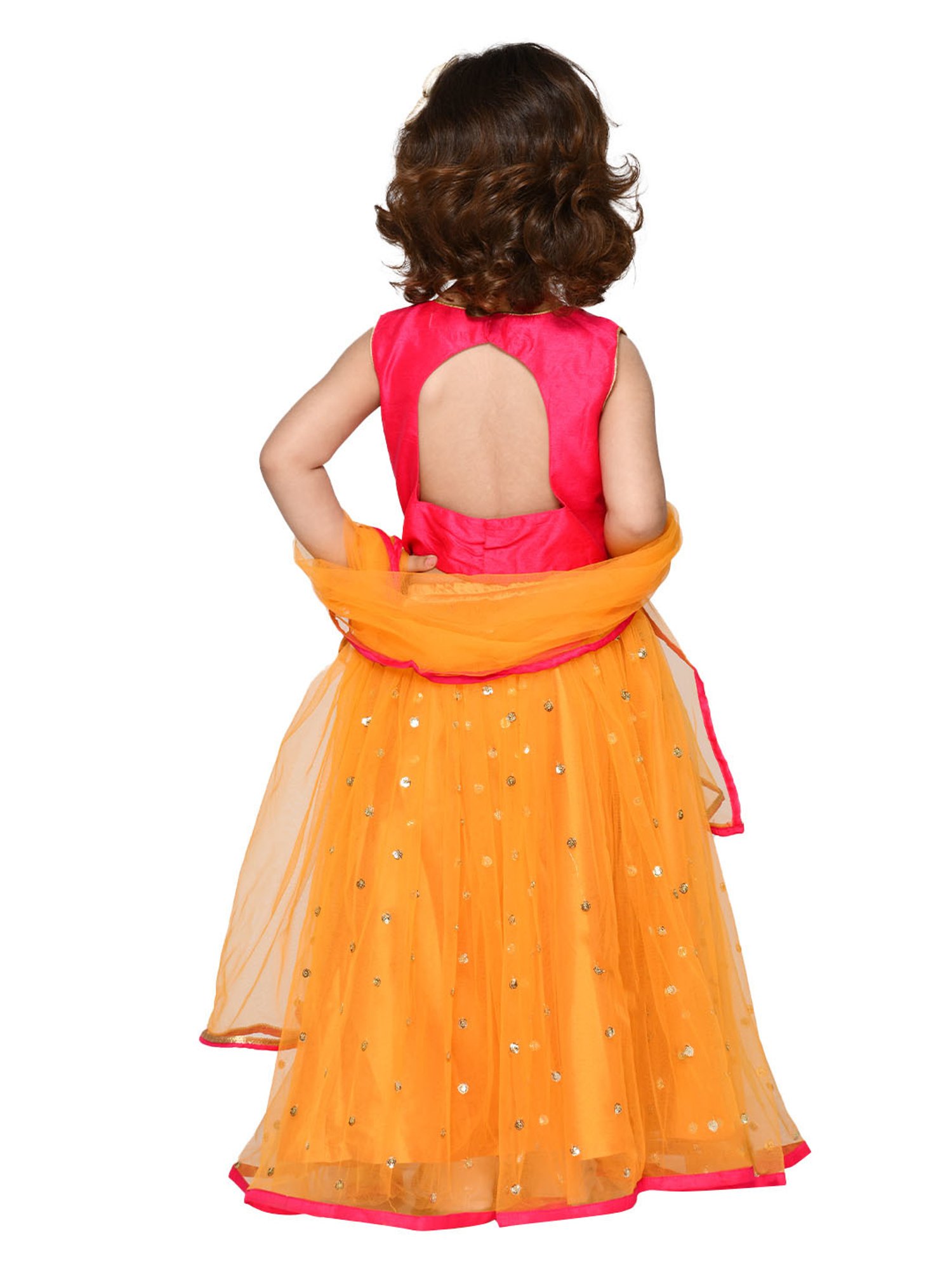 Saka Designs Kids Pink & Orange Embellished Lehenga with Choli & Dupatta
