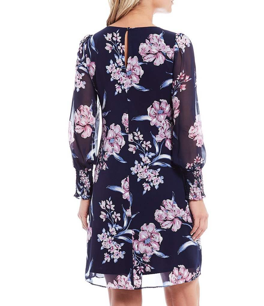 Jessica Howard Jewel Neck Long Balloon Sleeve Puff Floral Chiffon A-Line Dress