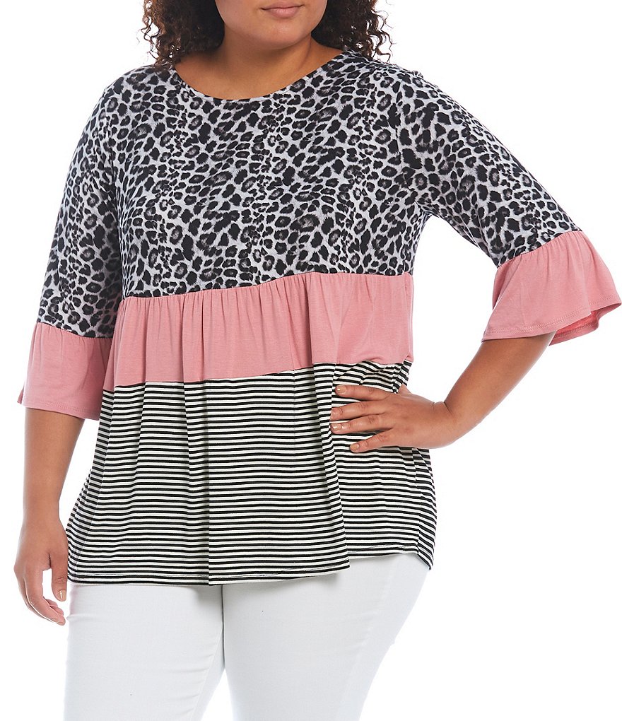 Moa Moa Plus Size Animal Stripe Print Colorblock Tier Knit Round Neck 3/4 Bell Sleeve Top