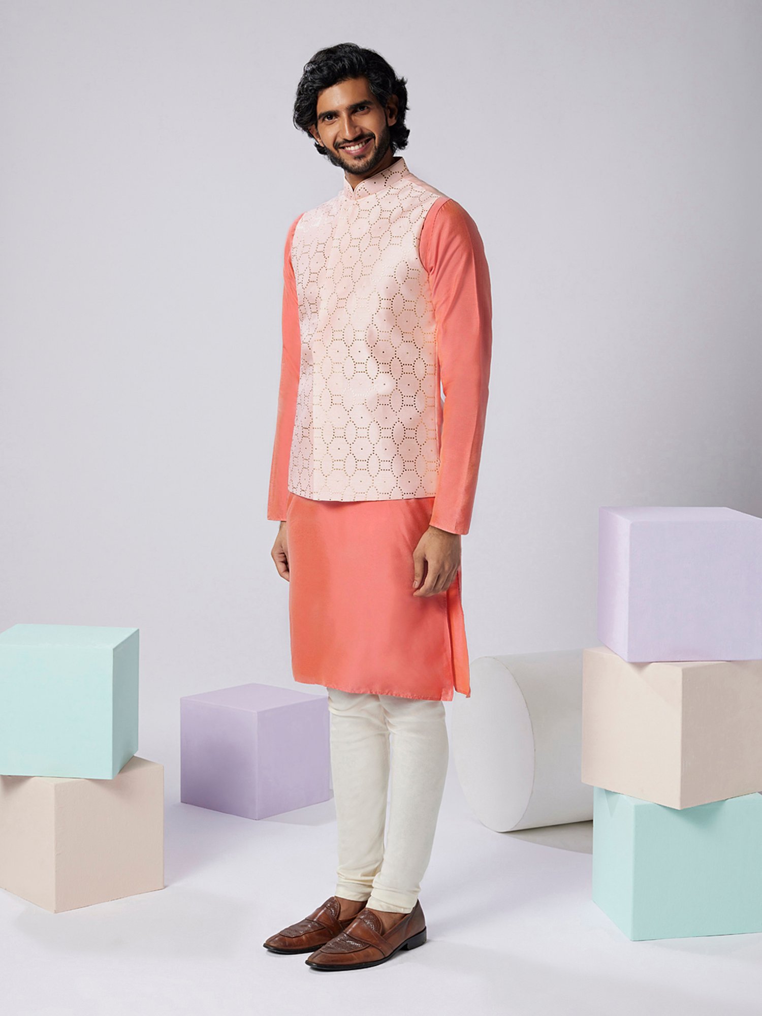 KISAH Pink & Cream Regular Fit Embellished Kurta & Churidar With Nehru Jacket