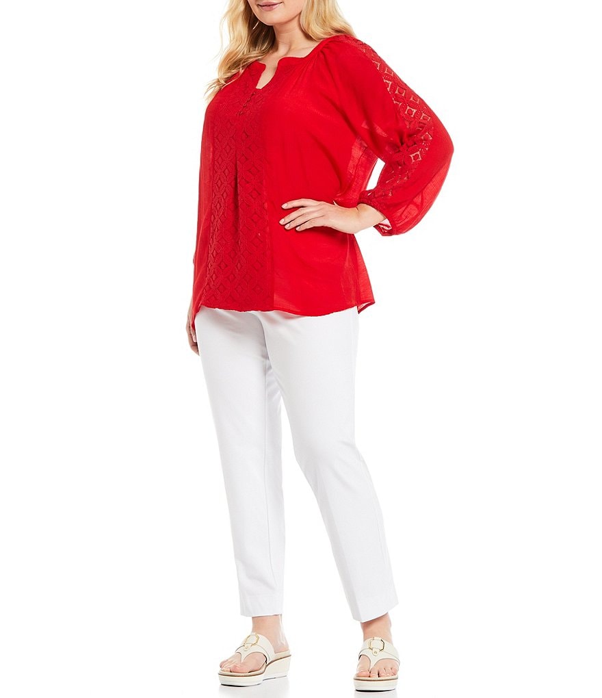 Multiples Plus Size Slub Woven Split Round Neck Lace Trim 3/4 Sleeve Top