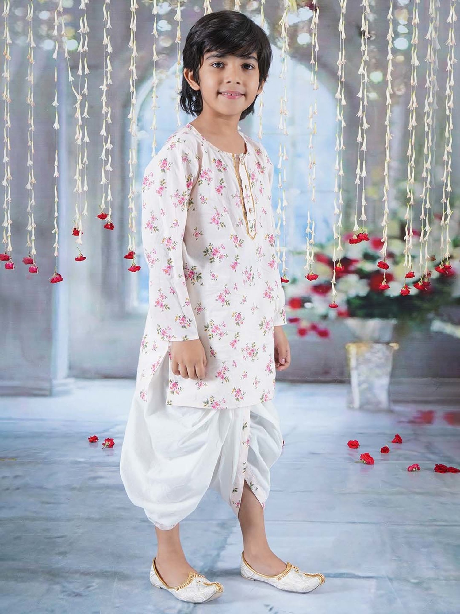 Little Bansi Pink & White Cotton Floral Print Full Sleeves Kurta Set
