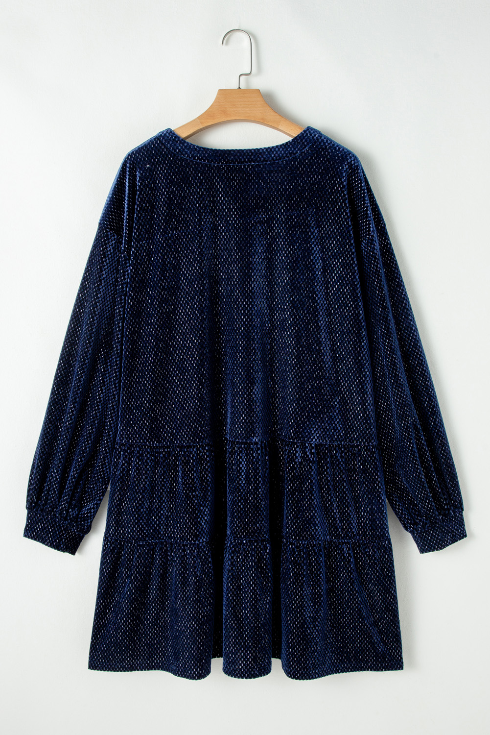 Navy Blue Textured Velvet Buttons Tiered Plus Size Dress