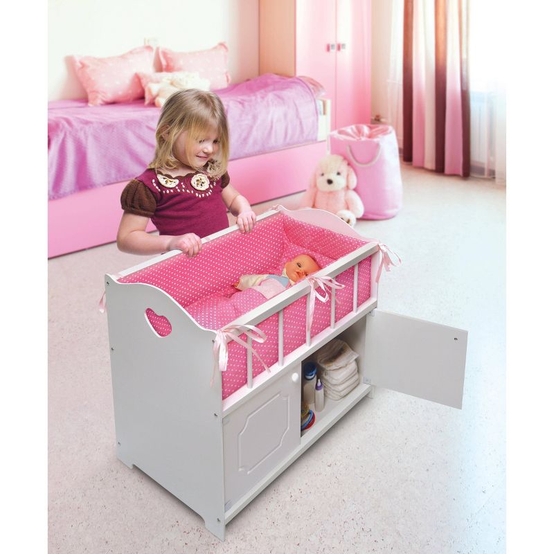 Badger Basket Storage Doll Crib with Bedding and Free Personalization Kit - White
