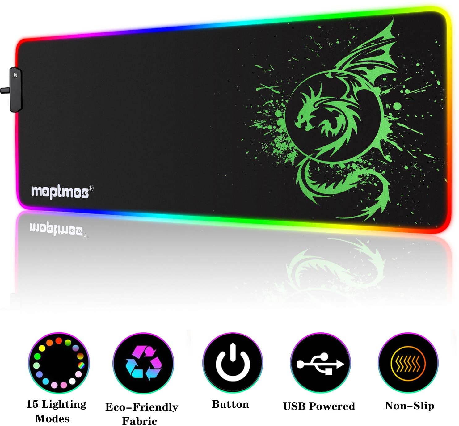 RGB Gaming Mouse Pad, Soft Extra Large LED Mouse Pad with 15 Lighting Modes,Anime Dragon Mouse Pad Mat,Smooth Surface Waterproof Gamer Mouse Pad for Computer 31.5 X 12 Inch (Green)