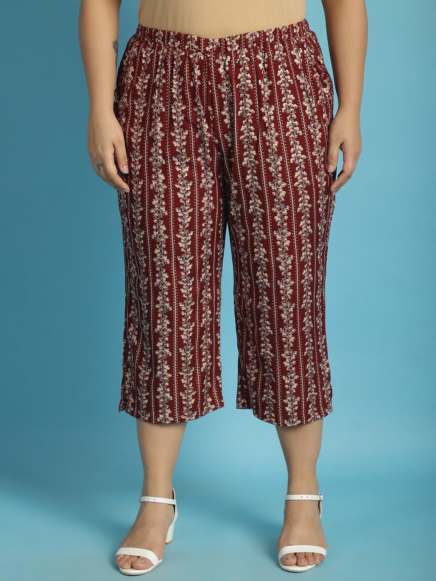 theRebelinme Maroon Floral Print High Rise Capris