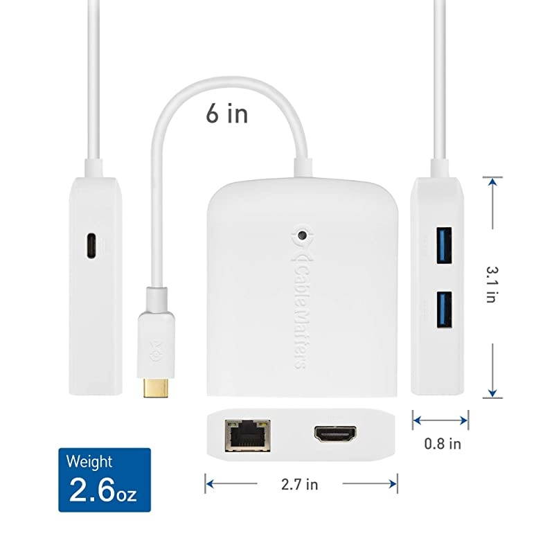 USB C Hub with HDMI 4K 80W Charging Gigabit Ethernet and 3X USB in White USBC and Thunderbolt 3 Port Compatible with Surface Pro7 MacBook Pro Dell XPS and More
