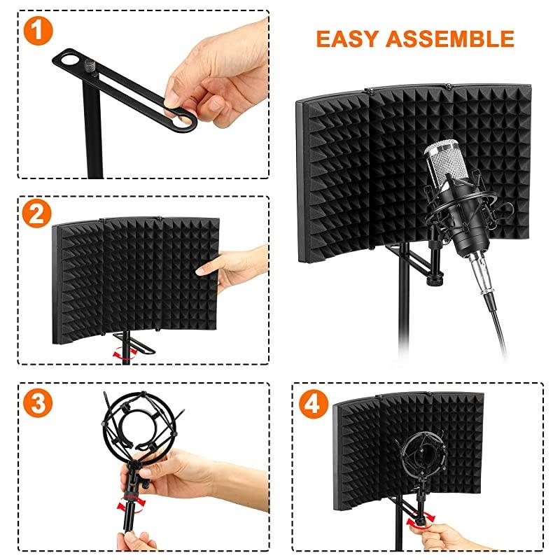 Microphone Isolation Shield Foldable Adjustable Durable Studio Recording Microphone Isolator Panel for Stand Mount or Table Top
