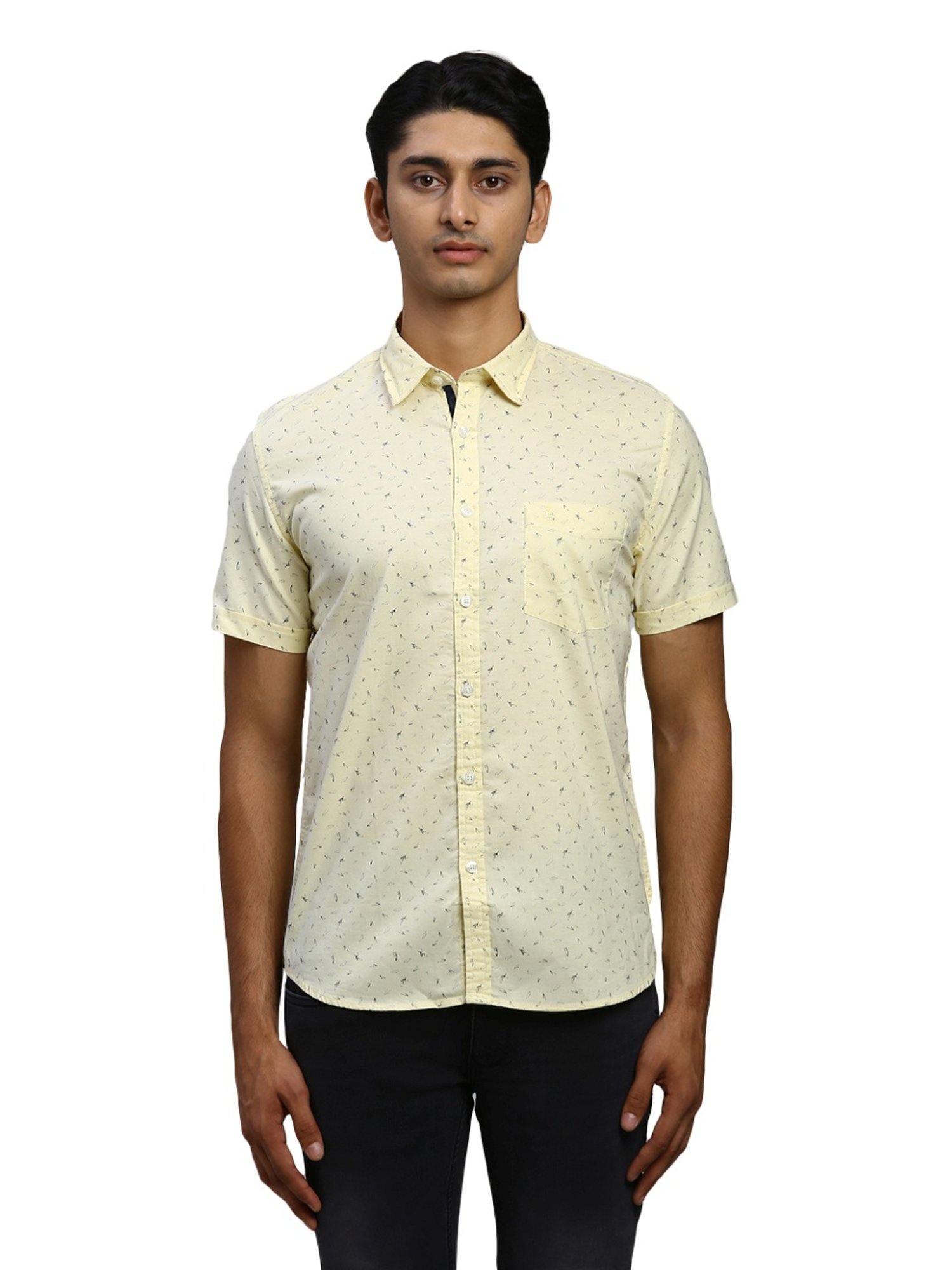 Parx Yellow Cotton Slim Fit Printed Shirt