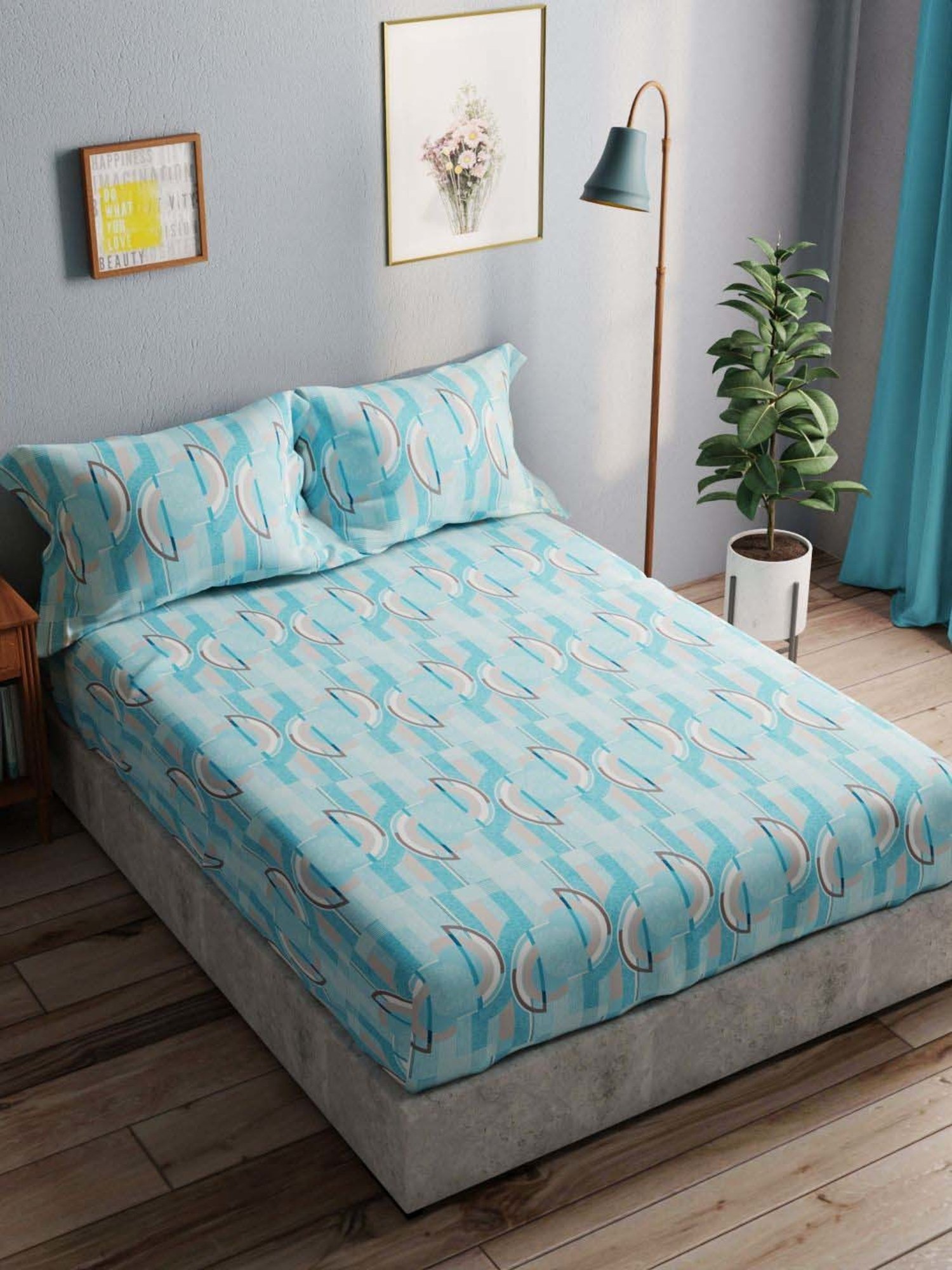 Bianca Amolina Blue 135 TC Cotton Double Bedsheet with 2 Pillow Covers