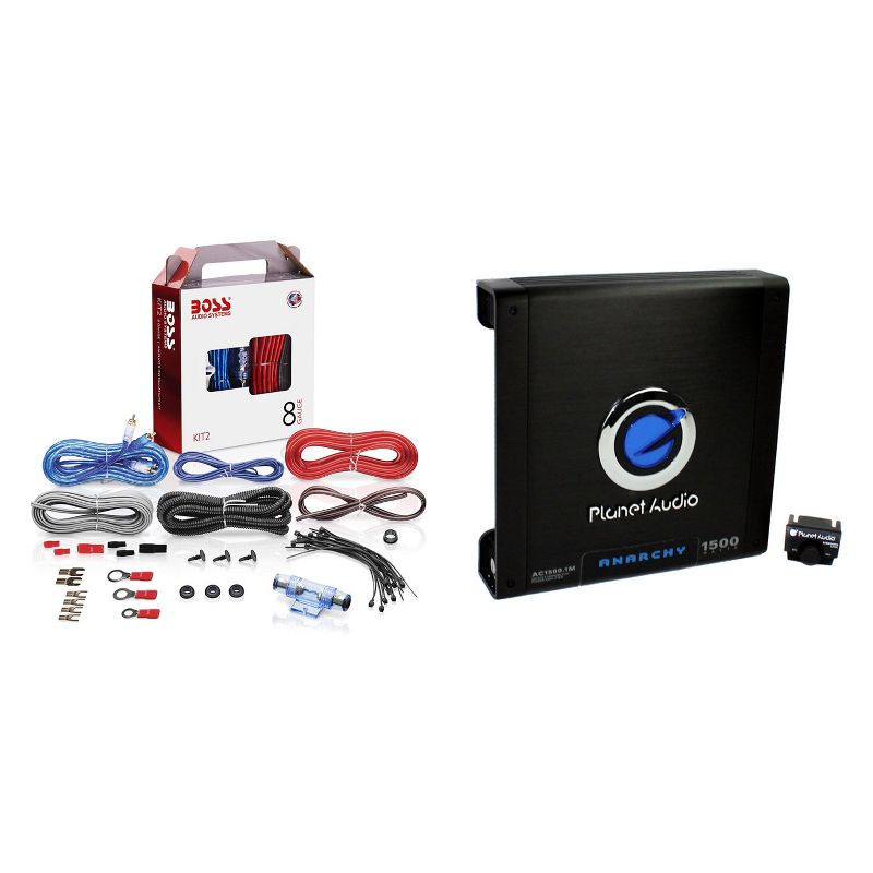 Planet Audio AC1500M 1500 Watt Monoblock Amplifier and BOSS Audio Systems KIT2 8 Gauge Car Audio Amplifier Installation Wiring Kit