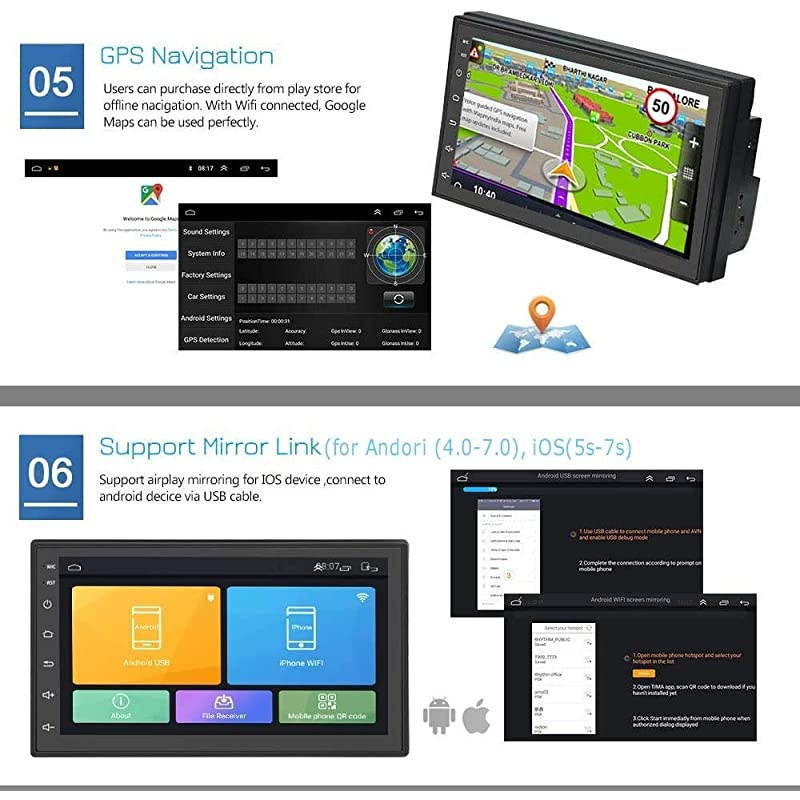 Double Din Android Car Stereo with GPS 7 Inch Capacitance Touch Screen FM Radio Reciever Supports Mirror Link for iOSAndroid Phones WiFi Connect + Backup Camera
