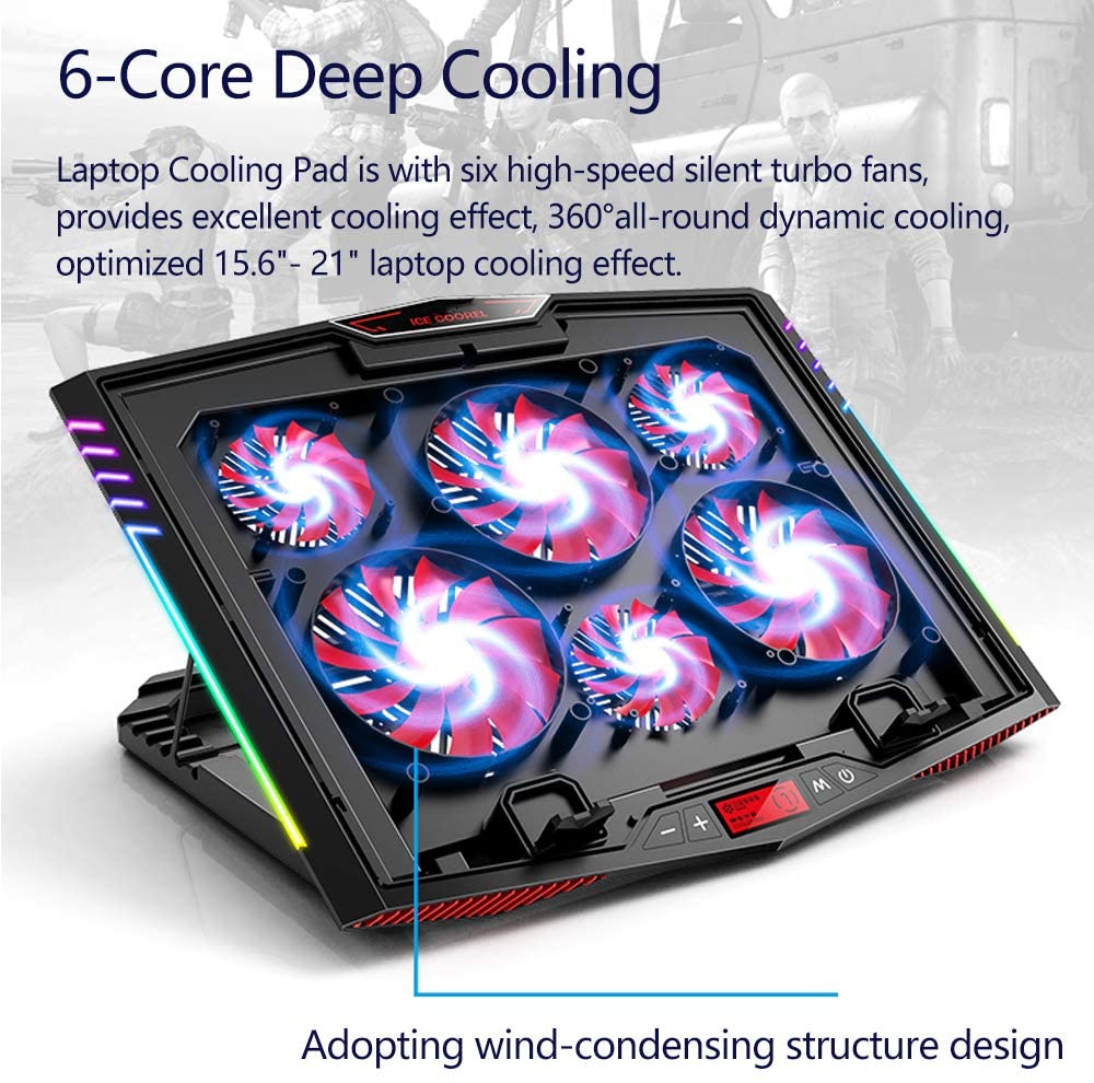 MeFee RGB Laptop Cooling Pad for 15.6-21 Inch Professional Gaming Laptop Cooler with 6 Quiet Fans and Button Control, Pure Metal Panel Portable Cooler