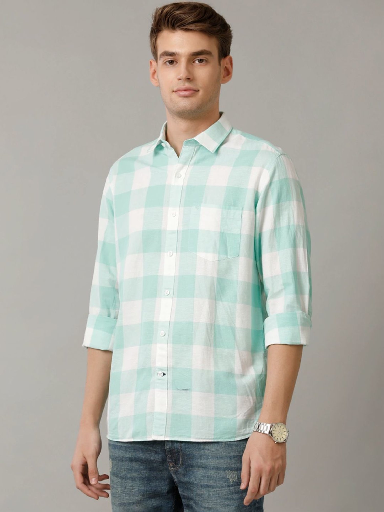 Cavallo By Linen Club Green Linen Contemporary Fit Checks Shirt