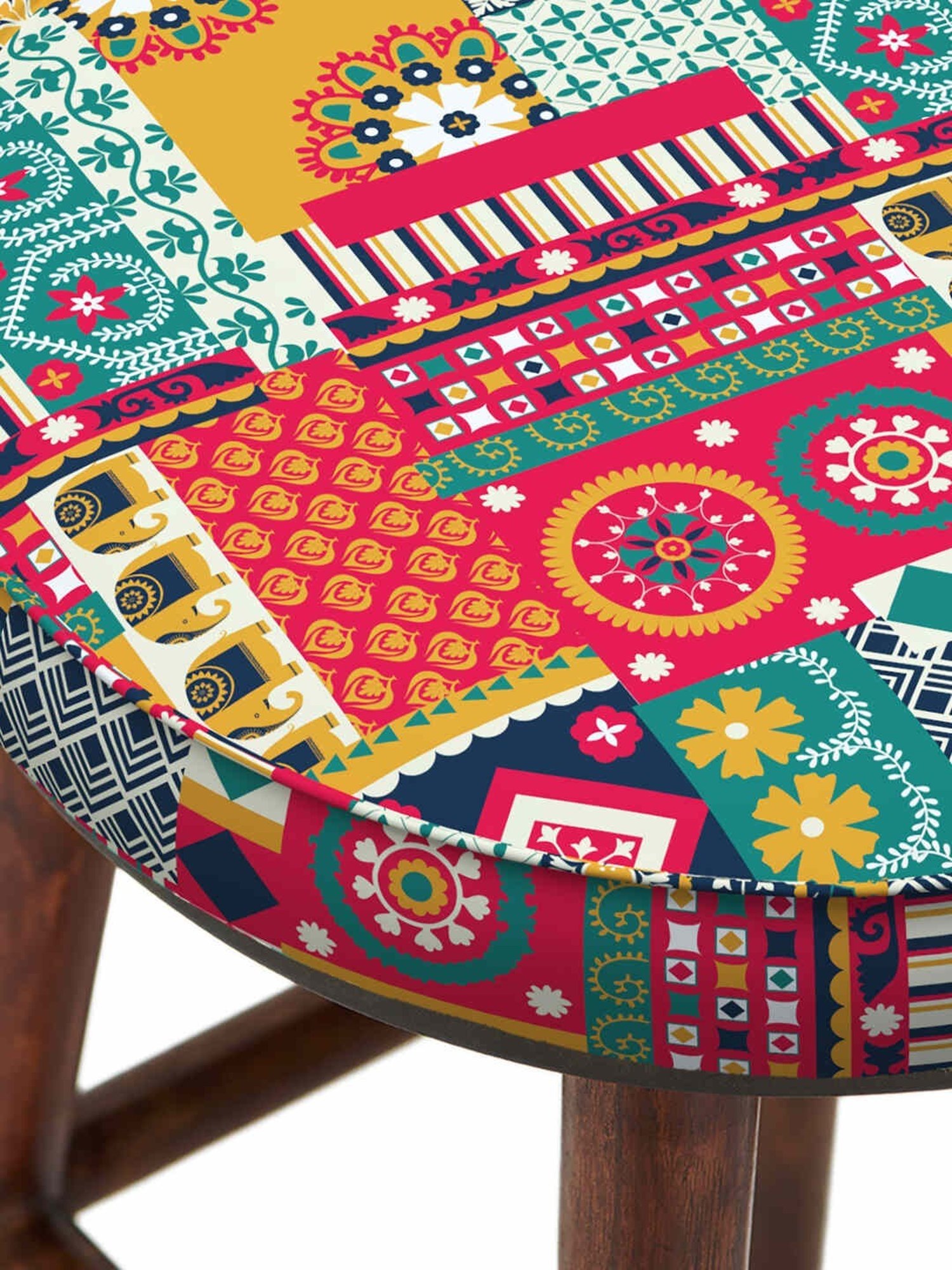 Chumbak English Swirls Ikat Red Wood Cafe Stool