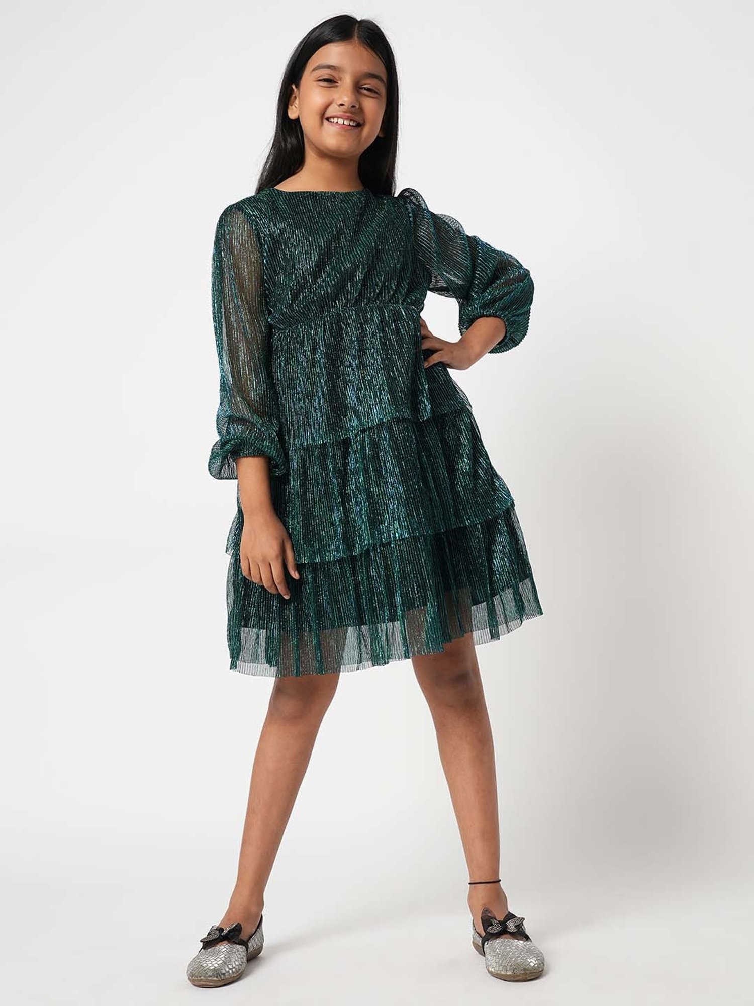 VERO MODA GIRL Anthracite Blue Textured Pattern Full Sleeves Dress