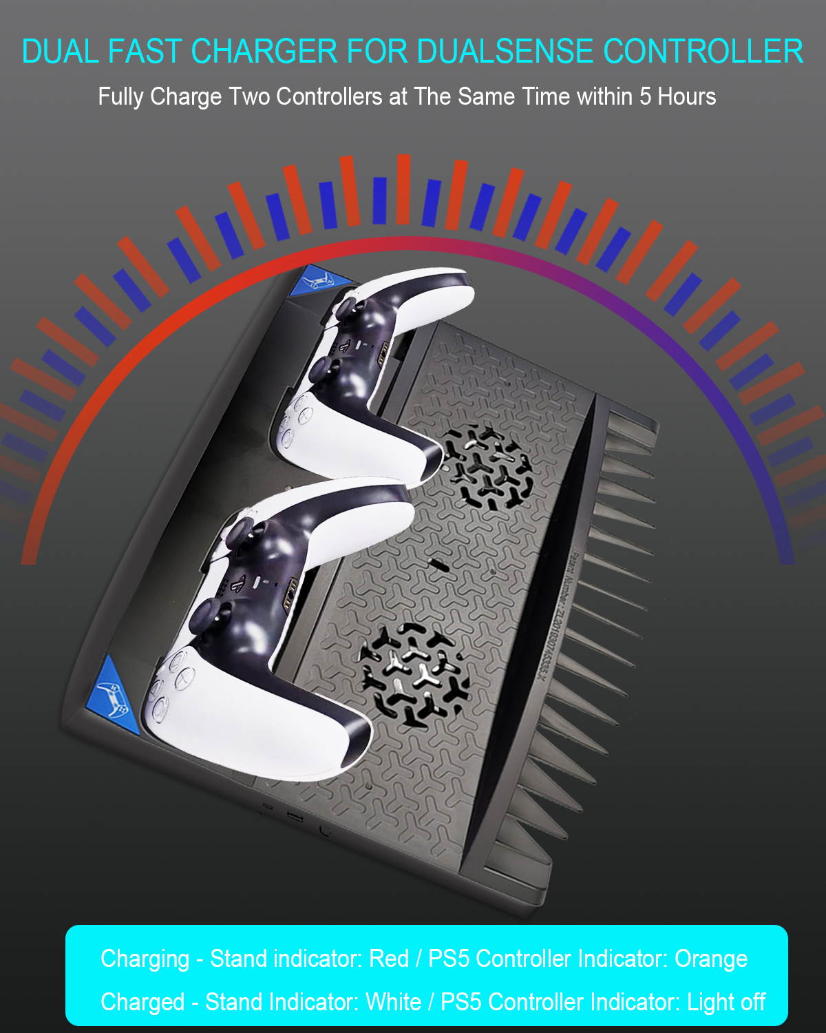 PS5 Cooling Stand with Headset Holder & Cooling Fan Base, Multifunctional Vertical Stand with 2 Controller Charging Station & LED Indicator & 17 Game Disc Slots for PS5 Console Digital Edition/UltraHD