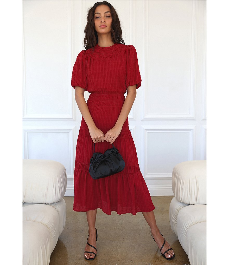 Adelyn Rae Smocked Blouson Waist Crew Neck Short Balloon Sleeve Midi Dress